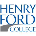 white background blue words Henry Ford College with grey road