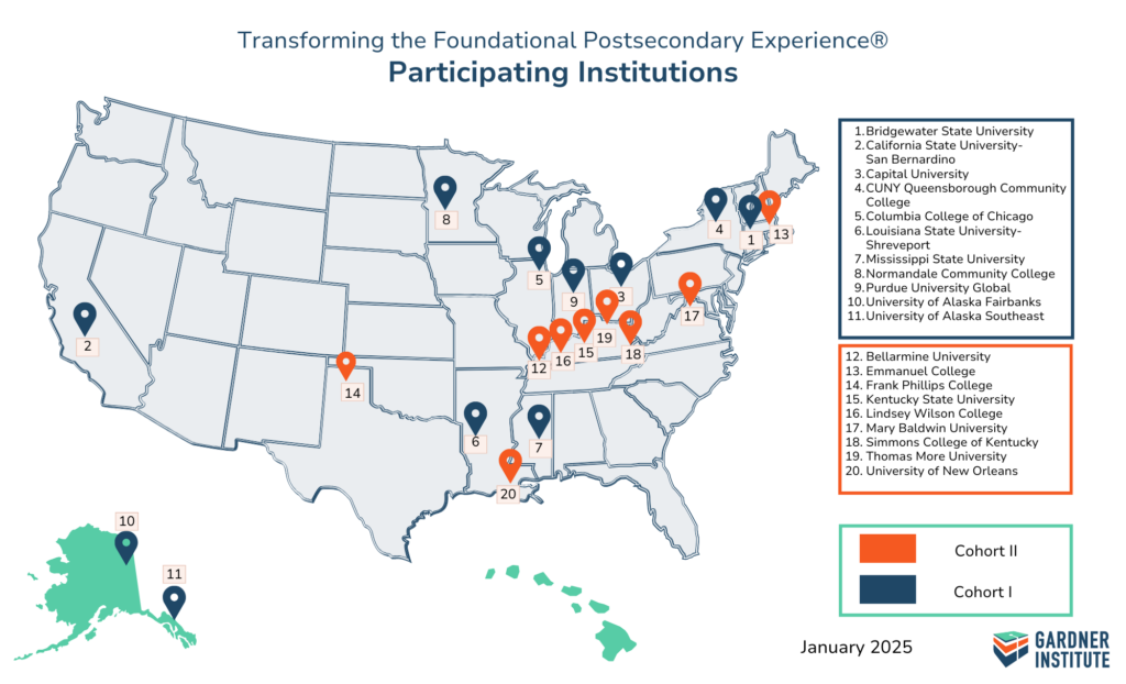 Map of the United States with label of Transforming the Foundational Postsecondary Experience® Map January 2025