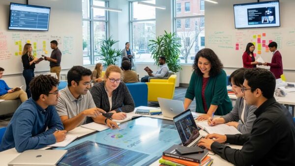 Diverse students and educators collaborating in a modern educational setting, emphasizing institutional transformation